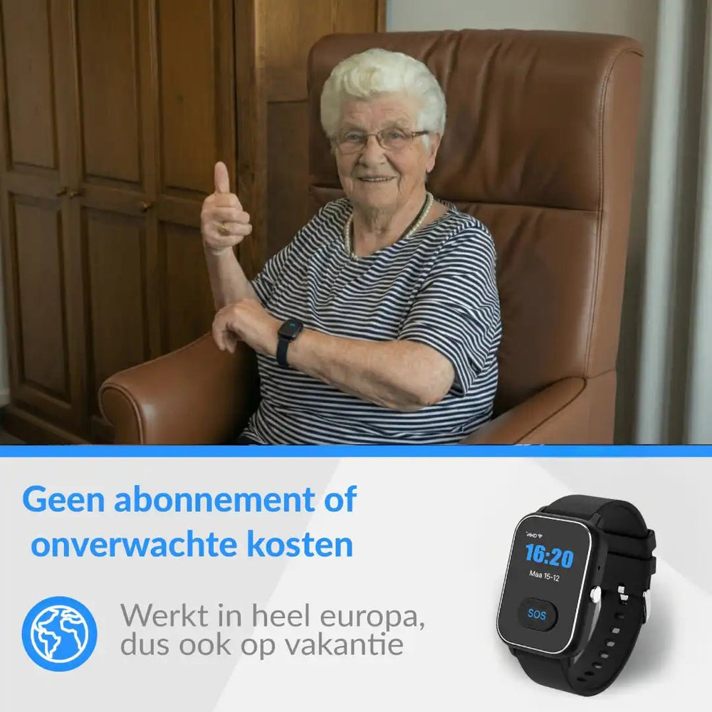 Senior met de KUUS S4, alarmhorloge zonder abonnement